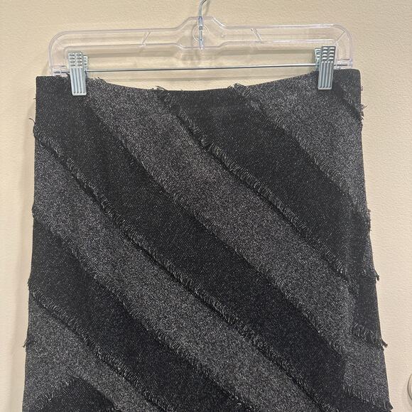 INSIGHT Vintage 1990s Gray Black Diagonal Patchwork Fringe Midi Skirt Fairy Boho - Picture 4 of 9